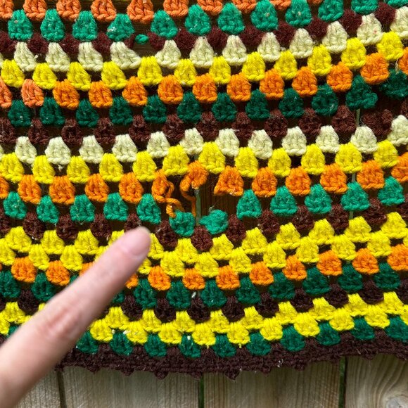 Vintage 70's Handmade Blanket Knit Square Mod Green Yellow Brown Crochet Fall - Picture 6 of 8